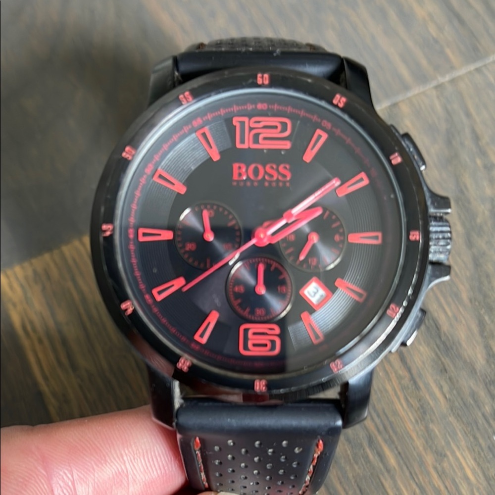 Hugo Boss Black and Red Sporty Watch with Bold Accents